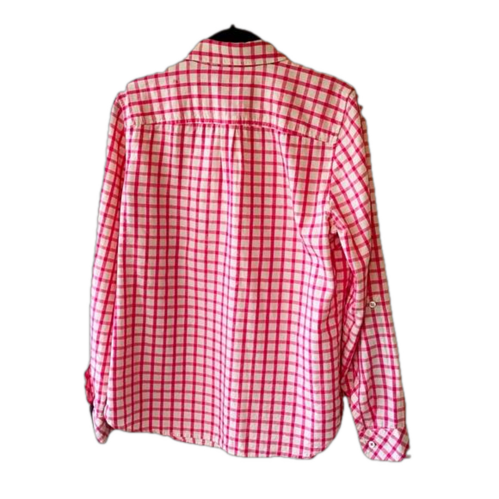 Talbots Pink White Gingham Checkered Metallic Button Up Top Shirt M Cotton - Picture 2 of 11